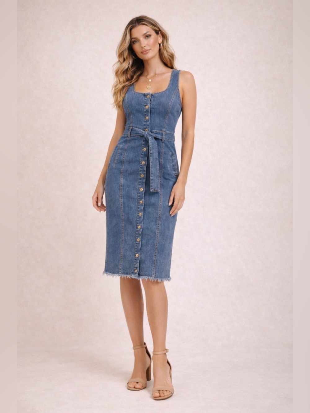 Melissa Odabash Denim Midi Dress Button Front Western Belted Size 8